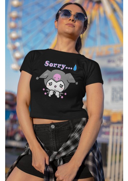 Üzgün Kuromi Baskılı Crop Top, Sorry Yazılı Crop Bluz