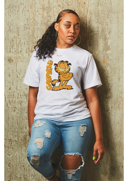 Garfield Baskılı T-Shirt Erkek-Kadın Çizgi Film Karakteri Baskılı T-Shirt