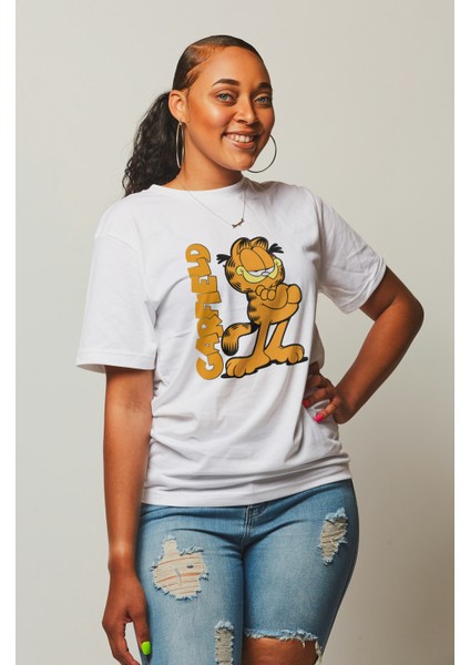 Garfield Baskılı T-Shirt Erkek-Kadın Çizgi Film Karakteri Baskılı T-Shirt