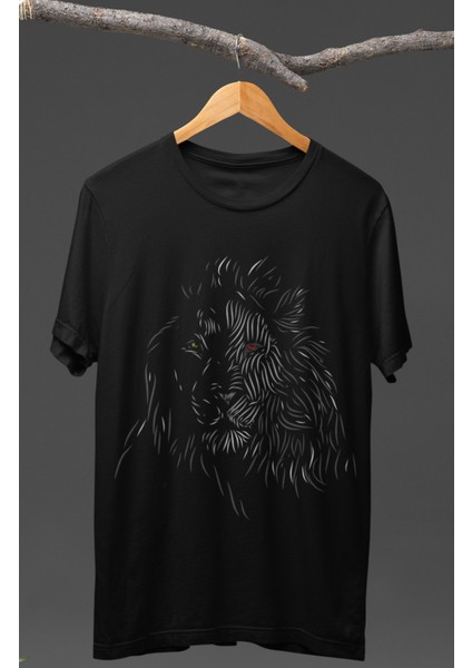 Sarı-Kırmızı Göz Detaylı Aslan Baskılı T-Shirt Unisex Şık Tasarımlı Aslan Baskılı T-Shirt