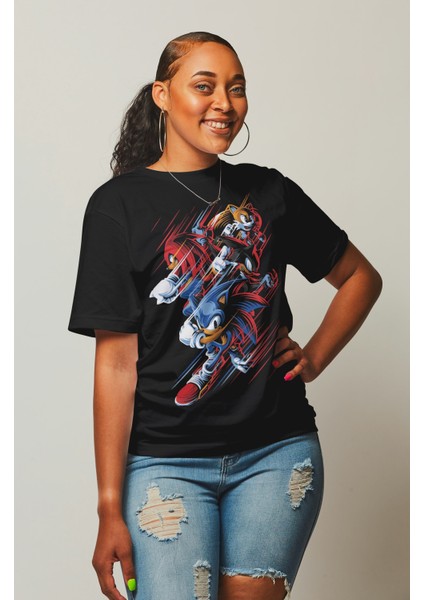 Sonic Baskılı T-Shirt Erkek-Kadın Çizgi Film Karakteri Baskılı T-Shirt