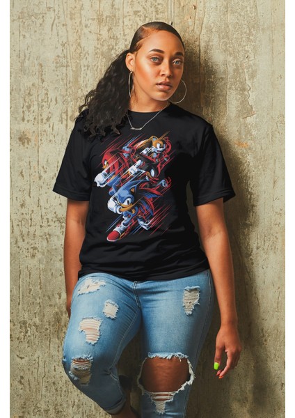 Sonic Baskılı T-Shirt Erkek-Kadın Çizgi Film Karakteri Baskılı T-Shirt modelleri