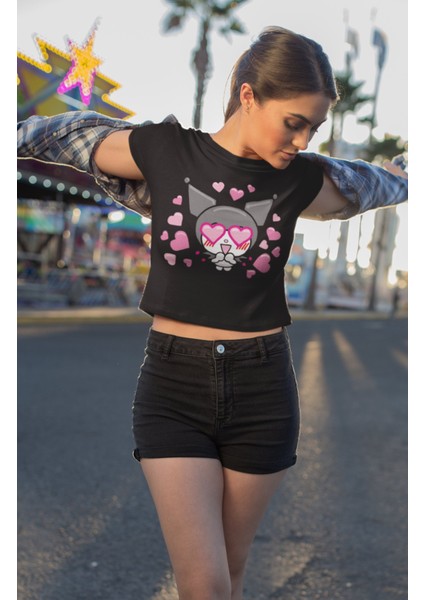 Kalpli Kuromi Baskılı Crop Top, Kalp Baskılı Crop Bluz
