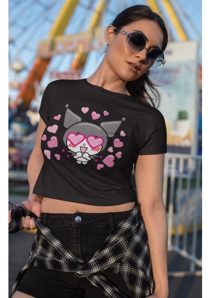 Kalpli Kuromi Baskılı Crop Top, Kalp Baskılı Crop Bluz