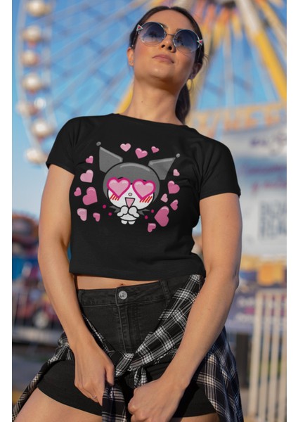 Kalpli Kuromi Baskılı Crop Top, Kalp Baskılı Crop Bluz
