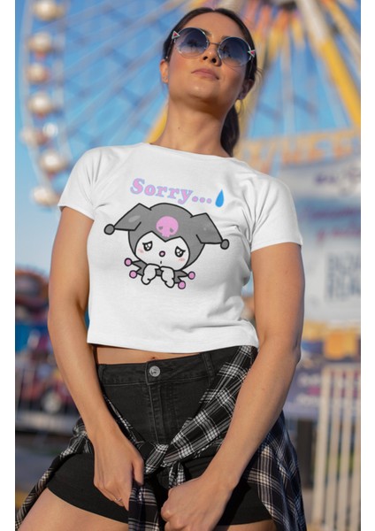 Üzgün Kuromi Baskılı Crop Top, Sorry Yazılı Crop Bluz