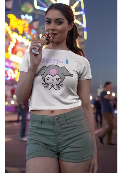 Üzgün Kuromi Baskılı Crop Top, Sorry Yazılı Crop Bluz modelleri