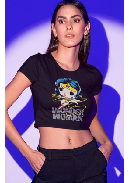 Fuddy Moda Wonder Woman Yazılı Crop Top, Kadın Dc Karakteri Baskılı Crop Bluz