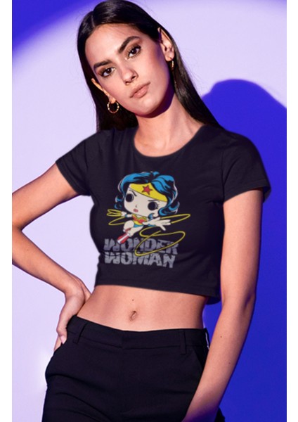 Fuddy Moda Wonder Woman Yazılı Crop Top, Kadın Dc Karakteri Baskılı Crop Bluz