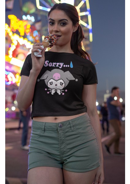 Üzgün Kuromi Baskılı Crop Top, Sorry Yazılı Crop Bluz modelleri
