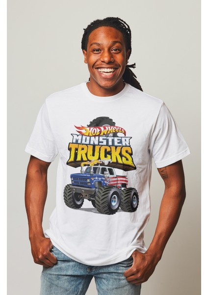 Unisex Hot Wheels Monster Trucks Baskılı T-Shirt Hot Wheels Yazılı T-Shirt fiyatları
