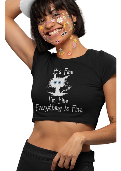 Fuddy Moda It's Fine I'm Fine Baskılı Crop Top, Kedi Baskılı Crop Bluz