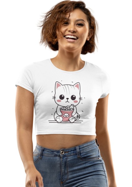 Mısır Yiyen Tatlı Kedi Baskılı Crop Top, Kadın Cute Cat Crop Bluz