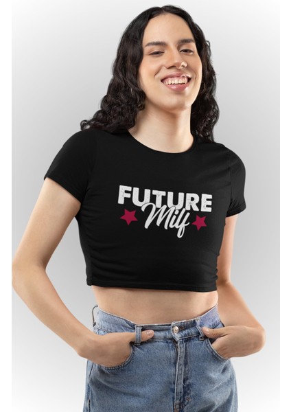 Future Milf Baskılı Beyaz Crop Top, Kadın Yıldız Baskılı Crop Bluz