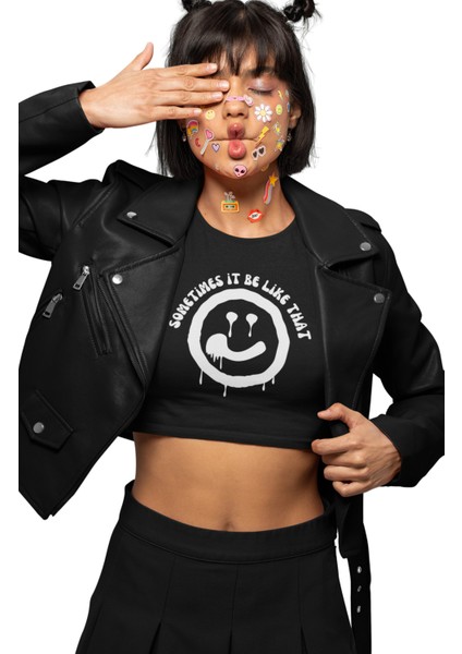 Sometimes It Be Like That Yazılı Beyaz Crop Top, Kadın Sad Face Baskılı Crop Bluz