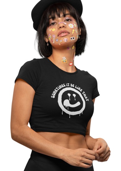 Sometimes It Be Like That Yazılı Beyaz Crop Top, Kadın Sad Face Baskılı Crop Bluz fiyatları