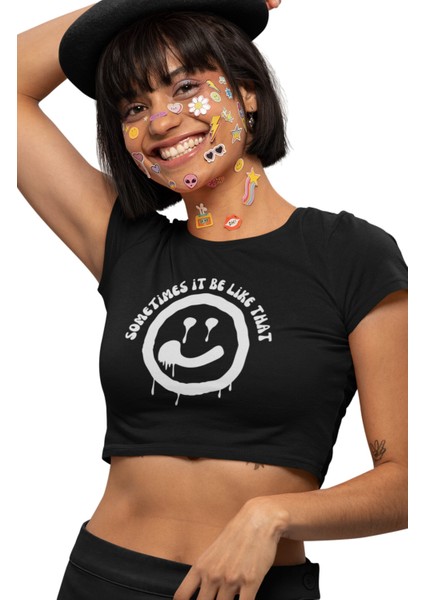 Sometimes It Be Like That Yazılı Beyaz Crop Top, Kadın Sad Face Baskılı Crop Bluz modelleri