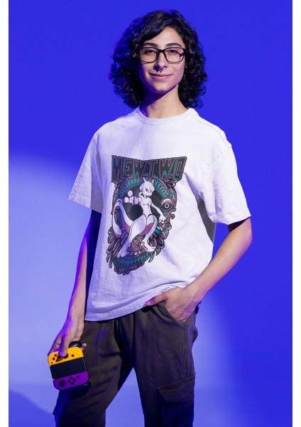 Unisex Oversize Mewtwo Baskılı T-Shirt Erkek-Kadın Pokemon Baskılı T-Shirt