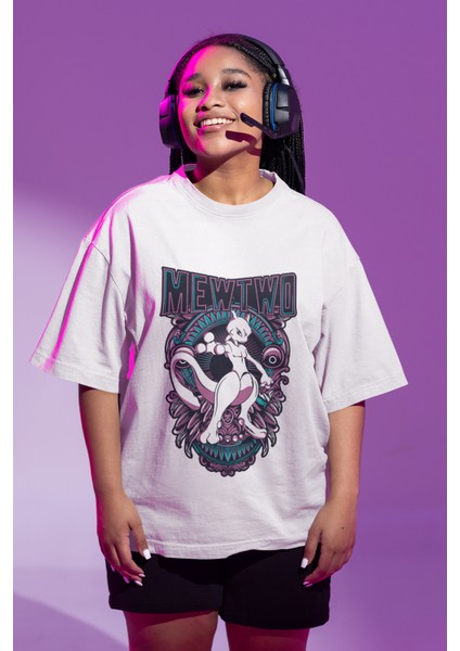Unisex Oversize Mewtwo Baskılı T-Shirt Erkek-Kadın Pokemon Baskılı T-Shirt fiyatları