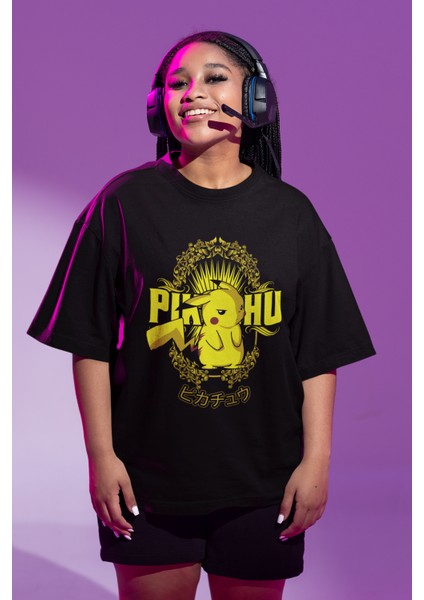 Unisex Oversize Pikachu Baskılı T-Shirt Erkek-Kadın Pokemon Baskılı T-Shirt fiyatları
