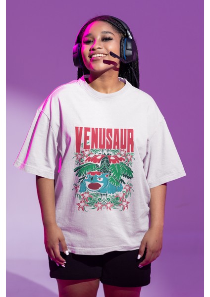 Unisex Oversize Venusaur Baskılı T-Shirt Erkek-Kadın Pokemon Baskılı T-Shirt