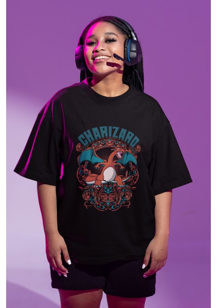 Unisex Oversize Charizard Baskılı T-Shirt Erkek-Kadın Pokemon Baskılı T-Shirt
