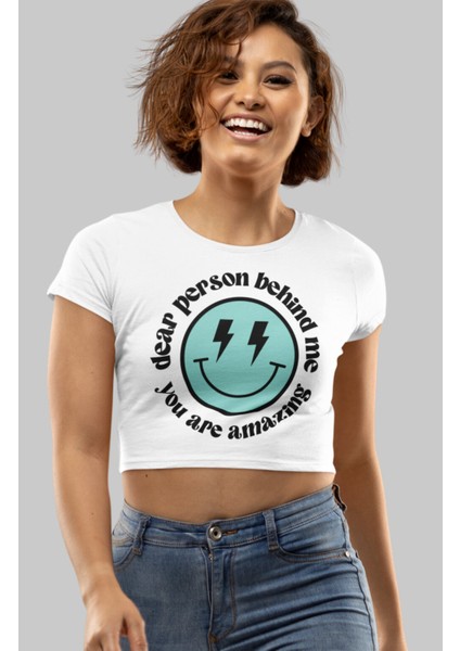 Happy Smiley Baskılı Crop Top, Kadın Mutlu Yüz Baskılı Crop Bluz