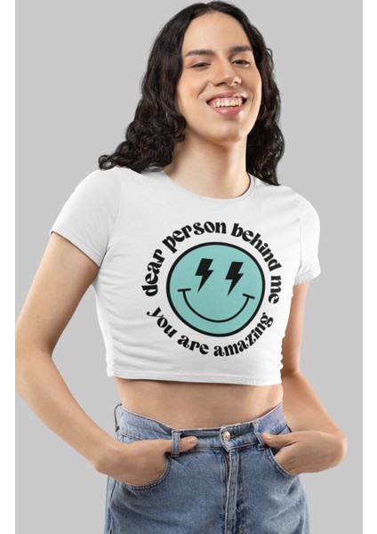 Happy Smiley Baskılı Crop Top, Kadın Mutlu Yüz Baskılı Crop Bluz fiyatları