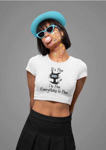 It's Fine I'm Fine Baskılı Crop Top, Kedi Baskılı Crop Bluz