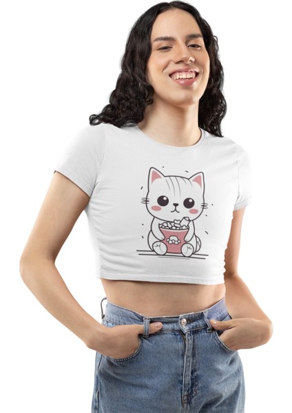 Mısır Yiyen Tatlı Kedi Baskılı Crop Top, Kadın Cute Cat Crop Bluz