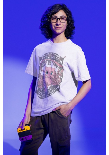 Unisex Oversize Mew Baskılı T-Shirt Erkek-Kadın Pokemon Baskılı T-Shirt