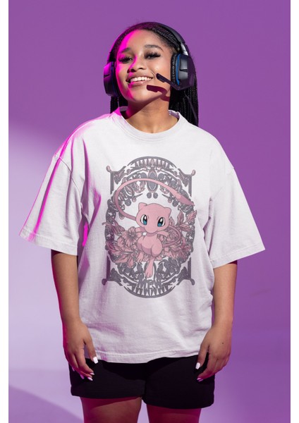 Unisex Oversize Mew Baskılı T-Shirt Erkek-Kadın Pokemon Baskılı T-Shirt fiyatları