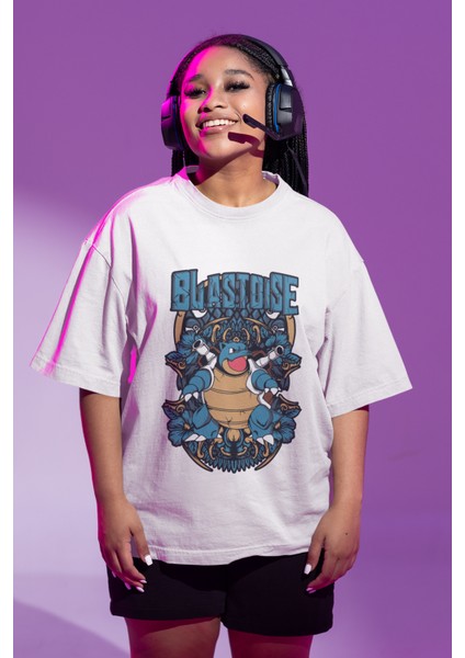 Unisex Oversize Blastoise Baskılı T-Shirt Erkek-Kadın Pokemon Baskılı T-Shirt