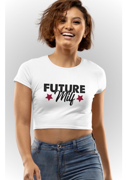 Future Milf Baskılı Beyaz Crop Top, Kadın Yıldız Baskılı Crop Bluz