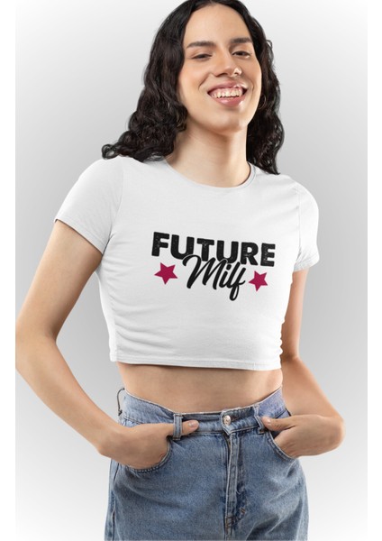 Future Milf Baskılı Beyaz Crop Top, Kadın Yıldız Baskılı Crop Bluz fiyatları