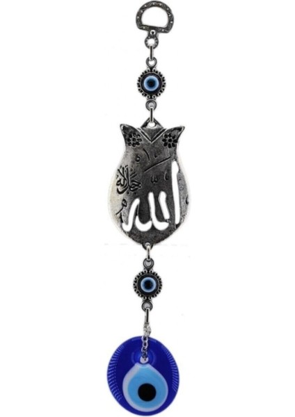Cam Nazar Boncuklu Metal Duvar Süsü Lale Figürü Allah Yazılı 22X4.5 cm