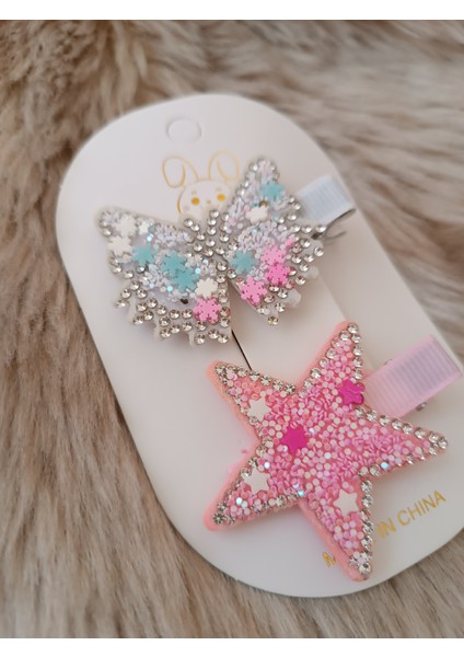 Taşlı Pullu Kelebek ve Yıldız Model Karışık Renk Çiftli Çocuk Pens Toka