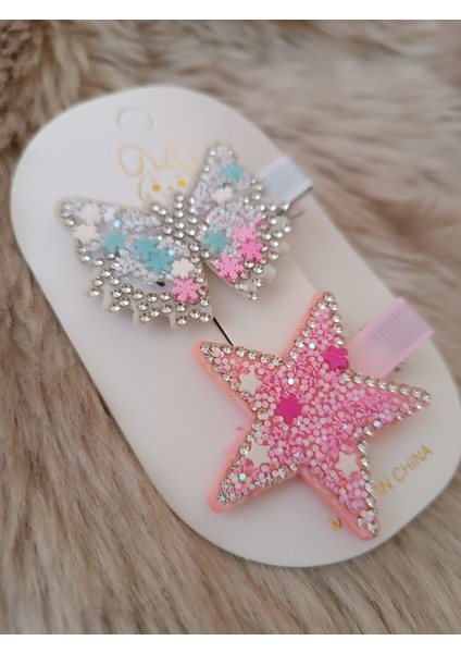 Taşlı Pullu Kelebek ve Yıldız Model Karışık Renk Çiftli Çocuk Pens Toka fiyatları