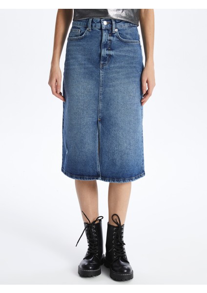 Cannes - Yırtmaçlı Midi Denim Etek - EW3101