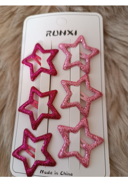 6 Lı Simli Yıldız Model Koyu ve Açık Pembe Renk Çocuk Çıt Çıt Toka