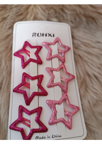 6 Lı Simli Yıldız Model Koyu ve Açık Pembe Renk Çocuk Çıt Çıt Toka
