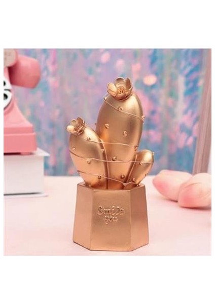 Buffer® LED Işıklı Sevimli Kaktüs Dekoratif Masa Lambası Mini Biblo Gece Lambası Gold