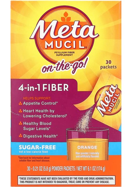 On-The-Go, 4-In-1 Fiber, Sugar-Free, Orange, 30 Powder Packets, 0.21 Oz (5.8 G) Each