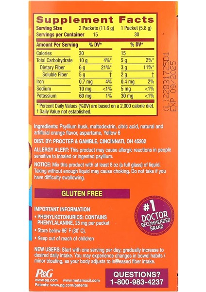 On-The-Go, 4-In-1 Fiber, Sugar-Free, Orange, 30 Powder Packets, 0.21 Oz (5.8 G) Each