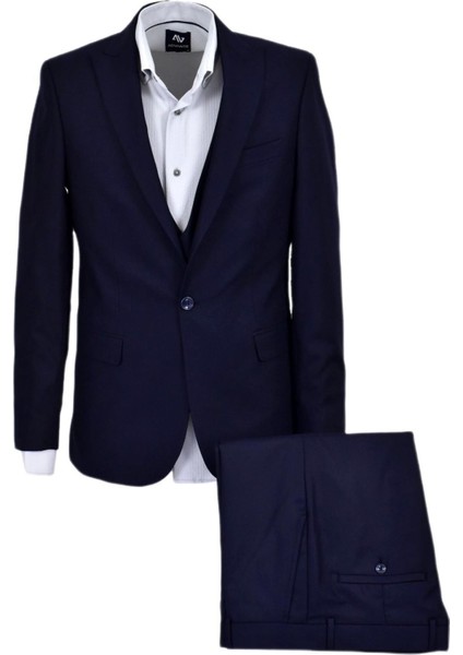 Erkek Lacivert Armürlü Silim Fit Takım Elbise BGL-ST03494