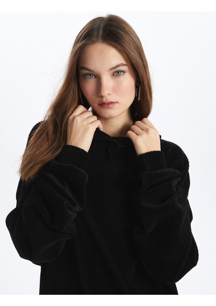 Los Angeles - Kadife Kapüşonlu Oversize Sweatshirt - Siyah Renk