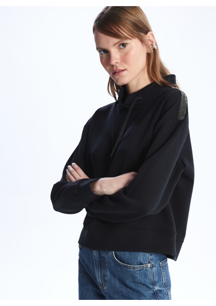 Nice - Taş Detaylı Modal Rahat Kalıp Sweatshirt - Siyah Renk