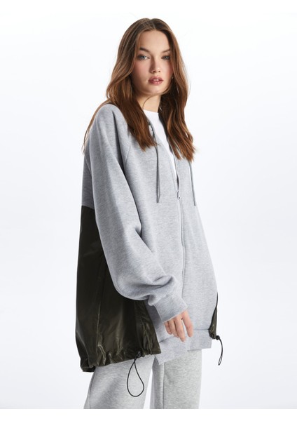 Tokyo - Fermuarlı Kapuşonlu Kumaş Karışımlı Oversize Sweatshirt - Gri-Haki Renk