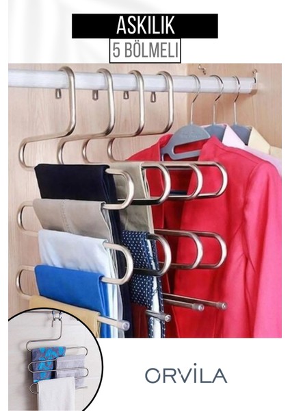 5 Bölmeli Metal Elbise Askısı - Giysi Pantalon Eşarp Fular Kıyafet Gardrop Düzenleyici