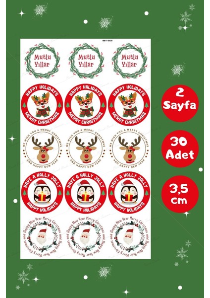Yılbaşı Temalı Sticker Seti -Mutlu Yıllar Sticker 3,5 cm 30 Adet/ Christmas/hediye Paketi Etiketi
